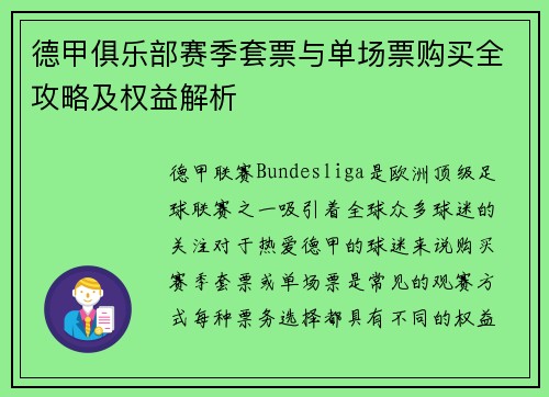 德甲俱乐部赛季套票与单场票购买全攻略及权益解析