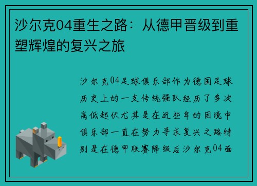 沙尔克04重生之路：从德甲晋级到重塑辉煌的复兴之旅
