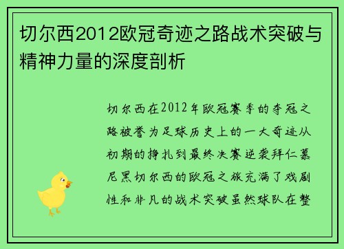切尔西2012欧冠奇迹之路战术突破与精神力量的深度剖析